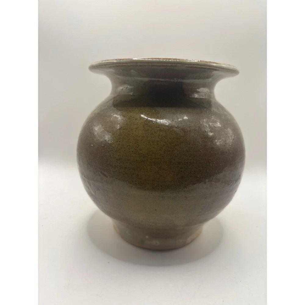 Handmade Studio Pottery Vase Earthy Glaze Round Bulbous Flared Rim 6.5 Inch